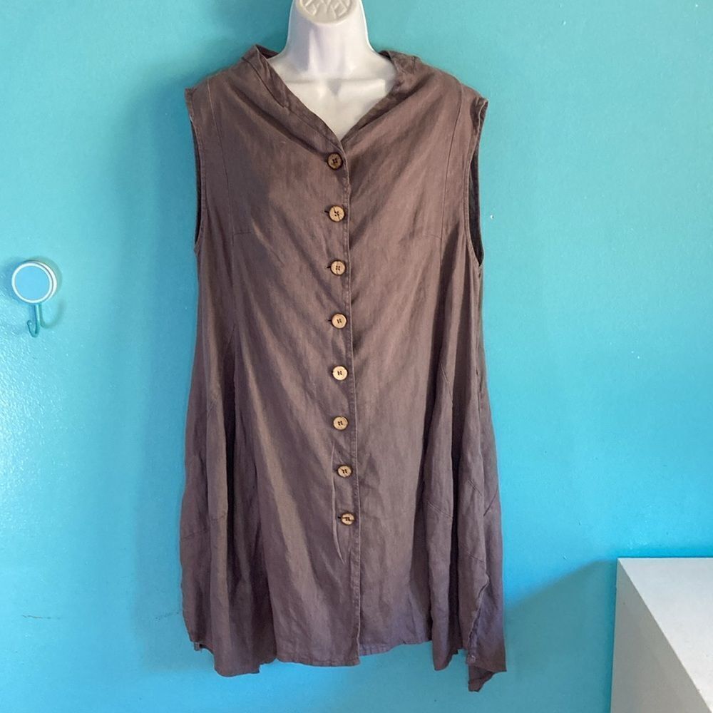 Inizio Gray Italian Linen A-Line Dress Button Up Summer Knee Length Sleeveless